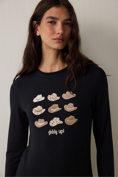 Penti Μαύρο σετ πιτζάμες με στάμπα Lana Slogan με λαιμόκοψη