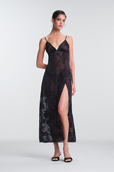 Penti Black Amara Floral Patterned Long Nightdress with Adjustable Straps