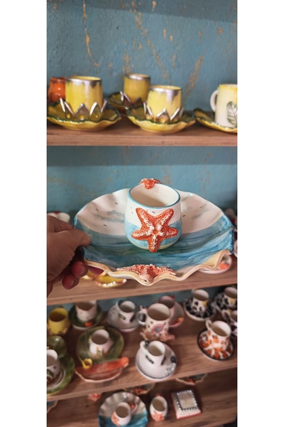 Gül Nakkaş Seramik Seramik El Yapımı Tasarım Deniz Yıldızlı Büyük Tabaklı Dub...