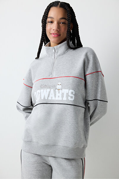 Penti Gray Melange Half Zipper Harry Potter Printed Sweatshirt