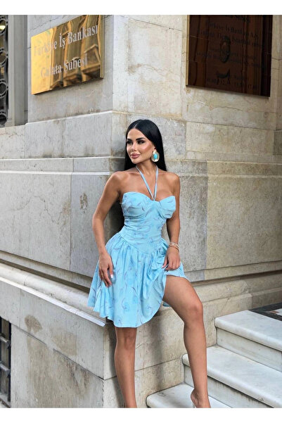 VİSKALİ Kadın Çiçek Desenli Büstiyer Detaylı Halter Mini Elbise