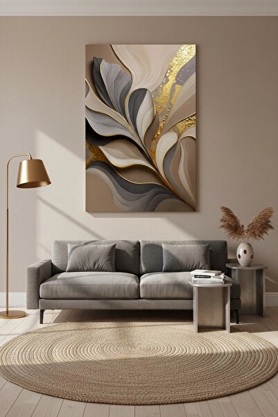 hollywest Lüks Gold Yaldızlı Soyut Yaprak Kanvas Tablo | Modern Salon Dekorasyonu