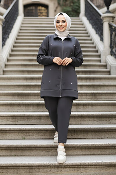 N.S NEVA STYLE Zippered Smoked Hijab Double Set 12401Fu