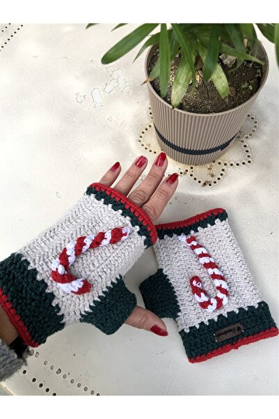 Gözde Tasarım Butik Women's Red Color New Year Christmas Themed Crochet Knitted Handmade Design Fingerless Gloves