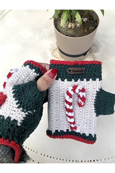 Gözde Tasarım Butik Women's Red Color New Year Christmas Themed Crochet Knitted Handmade Design Fingerless Gloves