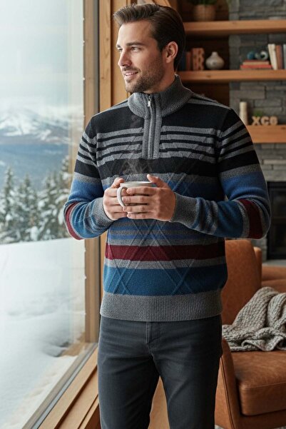 Ferraro Smoked Zippered Stand Collar 100% Lamb Wool Men's Sweater