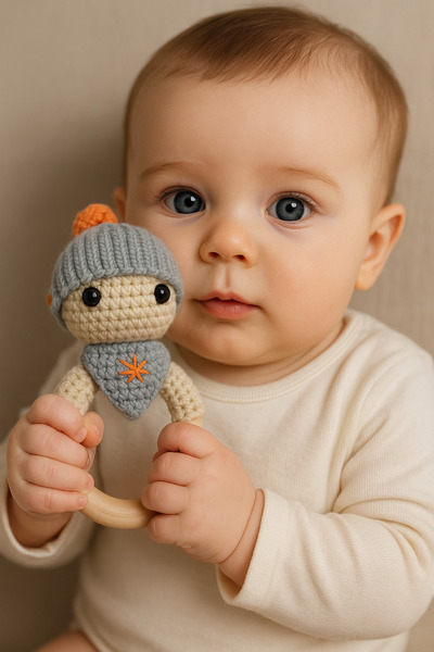 Genel Markalar Amigurumi Örgü Şövalye Çıngırak – %100 Organik Ahşap Halka – E...