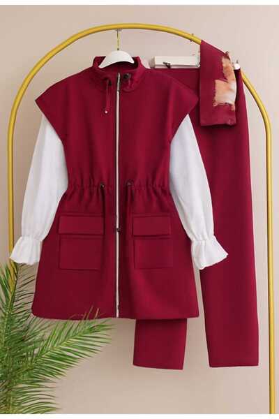 MODA VEDAT Drawstring Waist Mock Neck Scuba Vest Set Set (Vest-Trousers 2 Pieces Are Sent)