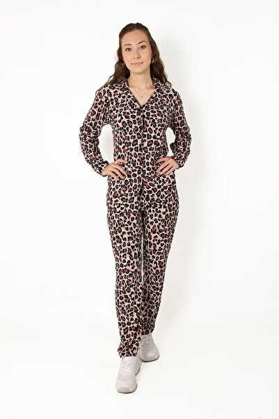 Mckanzie 02258 Leopard Uzunkol Top Long Bottom Pajama Set