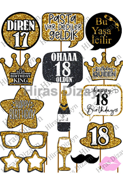 Hiras Dizayn 18 Yaş Kadın Erkek 15Parça Altın Işıltı Sloganlar Doğum Günü Partisi Konuşma Balonu Selfie Çubukları