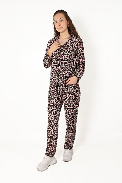 Mckanzie 02258 Leopard Uzunkol Top Long Bottom Pajama Set