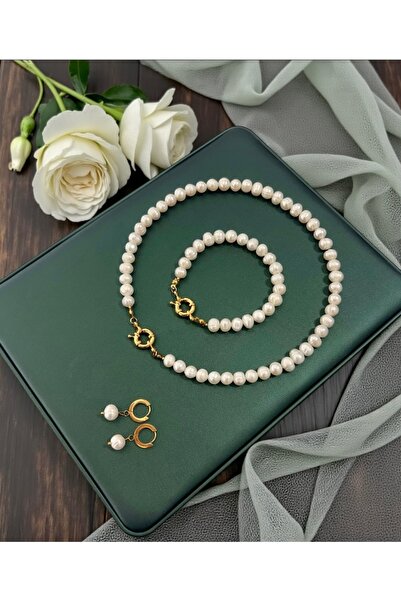 Harikalar Aksesuar Sertifikalı Gerçek Doğal Beyaz İnci Kadın Bileklik Küpe Ko...