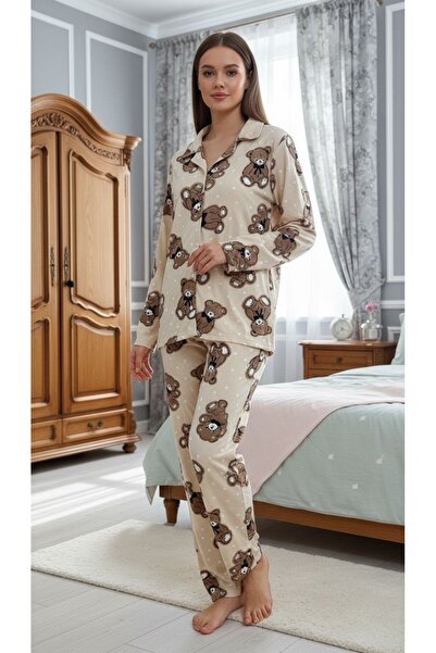 Fanwet Women's Suede Velvet Long Sleeve Brown Teddy Bear Polka Dot Detailed Front Buttoned Pajama Set