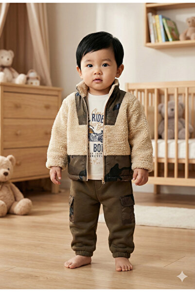 Mini Baray Baby boy camouflage pattern plush tracksuit 3-piece set (9-12-18 months)