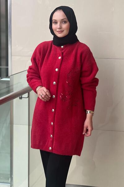 Nuss Önden Çıtçıtlı Pul Payet Çiçek Nakışlı Angora Hırka