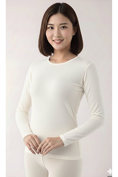 MaviMoure Дамска блуза с дълъг ръкав от трико с ребрист деколте в цвят екрю о...