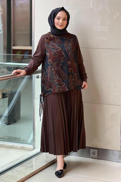 FUAT GÜRSEN Fuat Görşen Şal Desenli Tunik Pliseli Etekli Takım