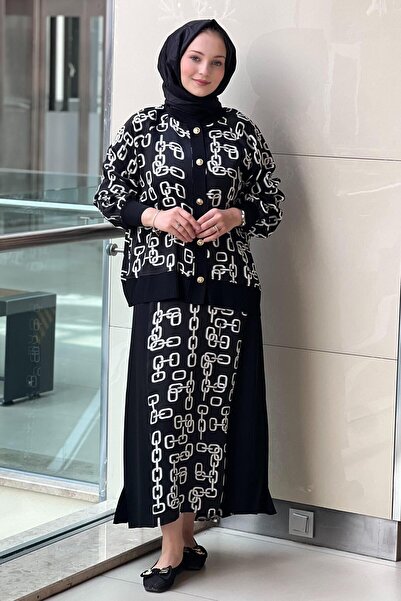 Ghisa Patterned Knitwear Detailed Satin Cardigan Skirt Set