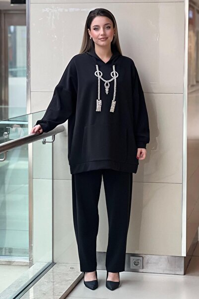 Ghisa Hooded Kangaroo Pocket Necklace Stone Embroidered Tunic Pants Set