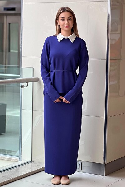 Ghisa Knitwear Tunic Skirt Set with Stone Collar