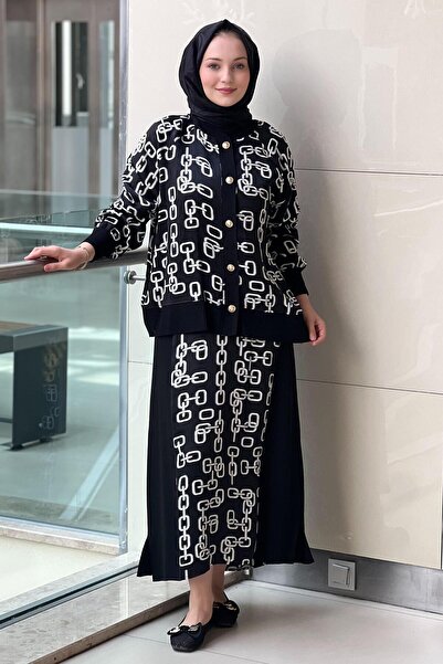 Ghisa Patterned Knitwear Detailed Satin Cardigan Skirt Set