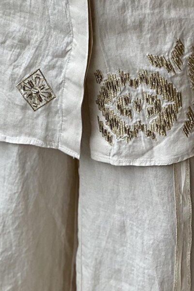 Ghisa Varak Bead Embroidered Linen Shirt Trousers Set