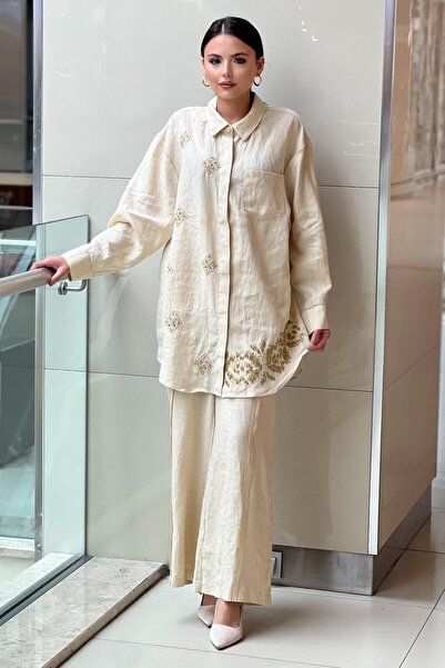 Ghisa Varak Bead Embroidered Linen Shirt Trousers Set