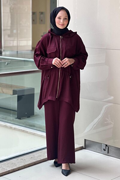 Ghisa Kapak Cepli Bel Büzgülü Kapşonlu Kap Pantolon Takım