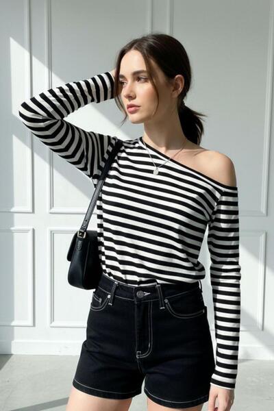 Mood Lab Black and White Striped Women's Off-Shoulder Boat Neck Relaxed Fit L...