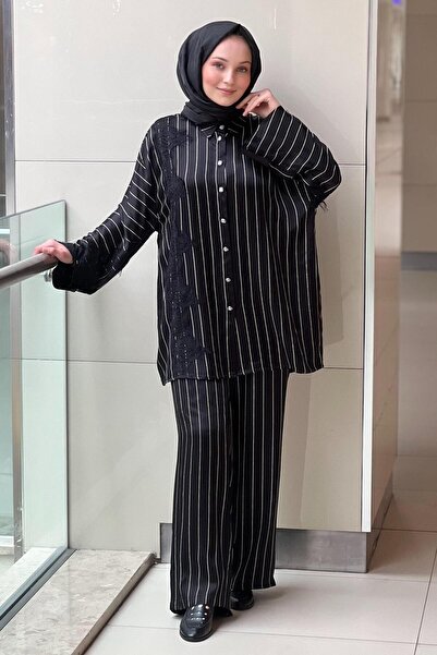 Ghisa Guipure Detailed Striped Satin Suit