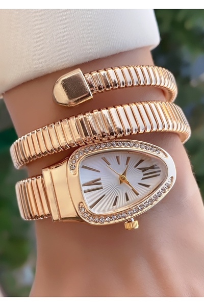 Merand Gold Color White Dial Snake Watch, Wrap Around Watch, Women's Wristwatch