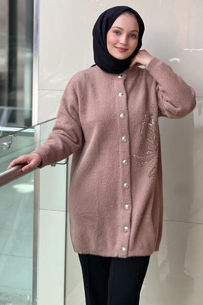 Nuss Cardigan din angora cu broderie florală cu paiete și închidere cu capse în față