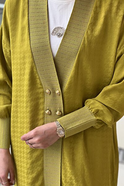 Ghisa V-Neck Ribbed Houndstooth Patterned Jacquard Cardigan