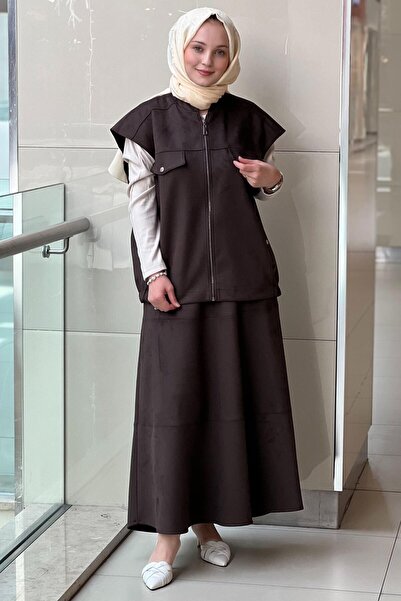 Mahal Set de tricotaje croșetate, vestă din piele intoarsa, fusta evazata