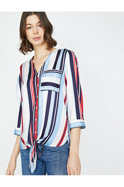 Koton Дамска тъмносиня блуза с V-образно деколте и джоб с 3/4 ръкави, вратовр...