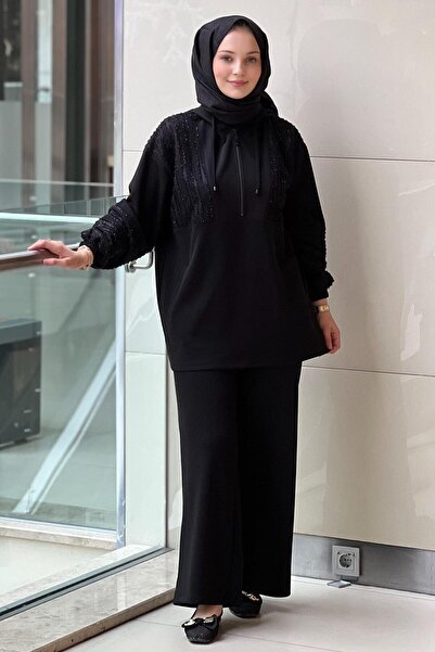 Mahal Set de pantaloni tunică combinată cu plasă cu relief, tricotat cu croșetat