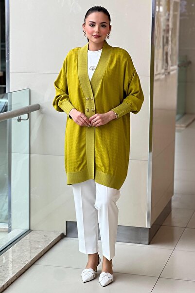 Ghisa V-Neck Ribbed Houndstooth Patterned Jacquard Cardigan