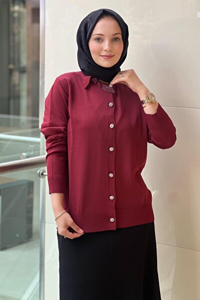 Ghisa Mercerized Cardigan with Stone Bow Detail on the Collar