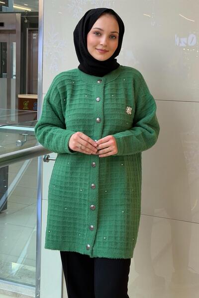 Nuss Angora Cardigan with Self-Square Pattern Stone Embroidered Brooch and Snap Fasteners