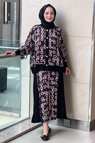 Ghisa Patterned Knitwear Detailed Satin Cardigan Skirt Set