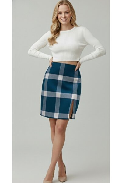 bright moon Women's Plaid Pencil Skirt with Slit Detail