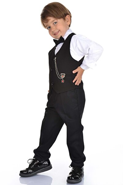 s.t. sebat tekstil Erkek Çocuk 3 Düğmeli Yelek, Gömlek, Papyon, Broş ve Pantolon Özel Gün Takım SB0273