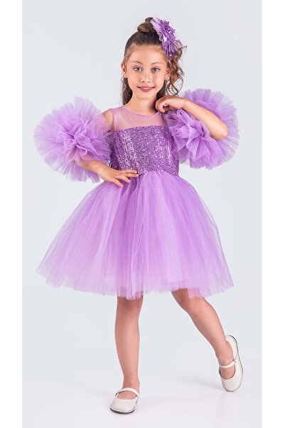 s.t. sebat tekstil Tütü Etekli Ponpon Kollu Kız Çocuk Payetli Özel Gün Abiye