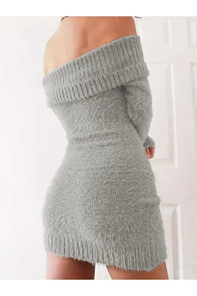 MSN Long Sleeve Madonna Collar Short Fleece-Lined Soft Knitwear Mini Dress Gray -Ş77