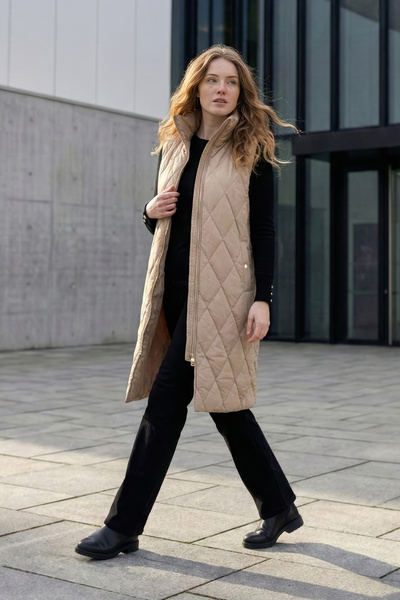 Minel Women's Beige Long Quilted Vest