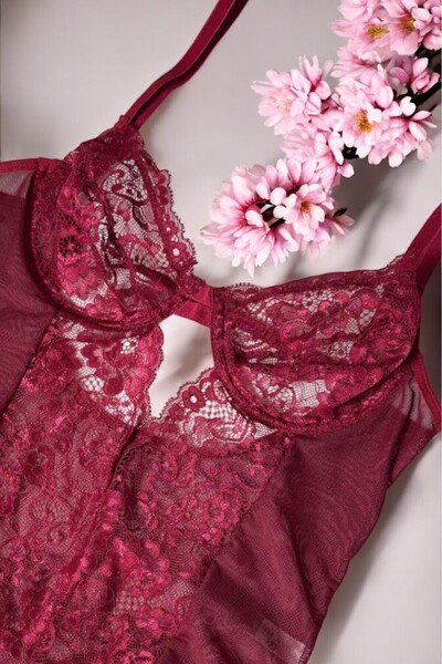 BUELLNA Bordo Kadın Dantel Tül Balenli Bodysuit - Şık İç Giyim