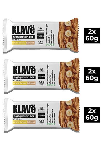 KLAVë Yüksek Protein Bar Muz Aromalı ve Bademli - 60 g x 6 Adet - 15g Protein...