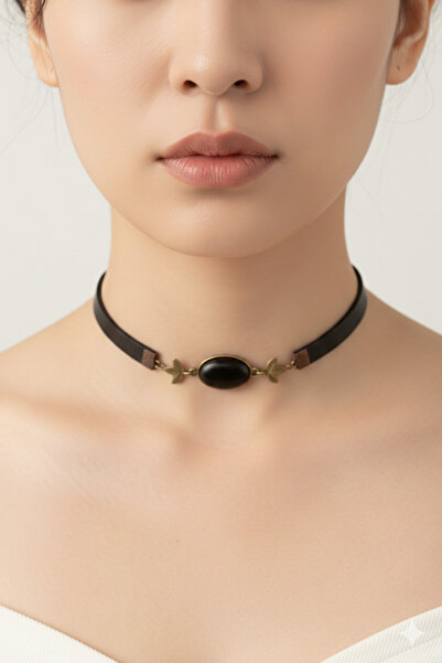 LADYMİRAGE Siyah Deri Doğal Taşlı Choker Kolye