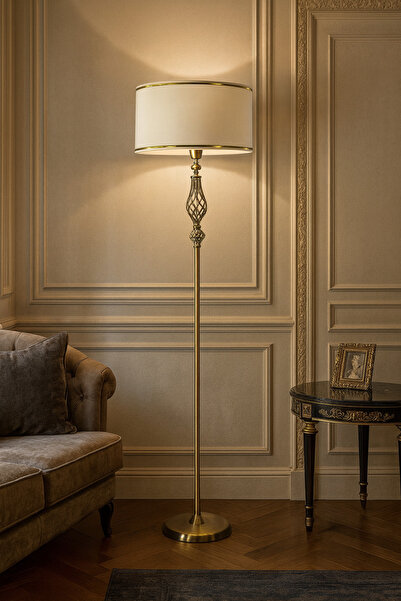 Lampada Verona Eskitme Kaplama Metal Lambader - Gold Şeritli Krem