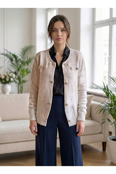 T Guel Women's Beige Gold Buttoned Soft Cardigan